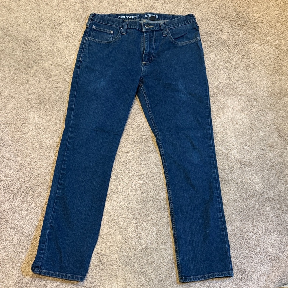 EUC Carhartt Men's Dark Blue RUGGED FLEX Straight Fit Tapered Jeans Size 34X32